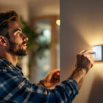 A photograph of a skilled lighting contractor installing a sensor light switch in a modern home setting