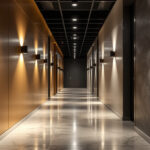 A photograph of a well-designed hallway featuring contrasting lighting elements