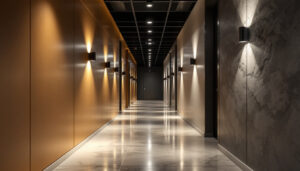A photograph of a well-designed hallway featuring contrasting lighting elements