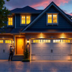 A photograph of a beautifully illuminated exterior garage showcasing various types of lighting fixtures