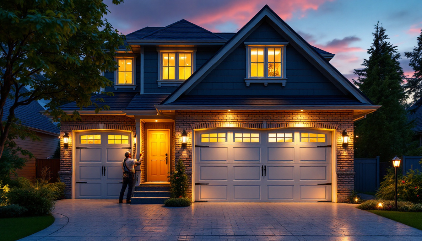 A photograph of a beautifully illuminated exterior garage showcasing various types of lighting fixtures