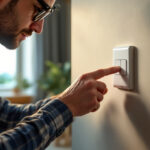 A photograph of a lighting contractor working on a button switch installation in a residential or commercial setting