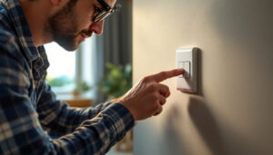 A photograph of a lighting contractor working on a button switch installation in a residential or commercial setting