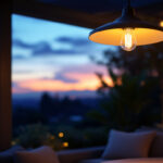 A photograph of a beautifully designed large outdoor pendant light hanging in an inviting outdoor setting