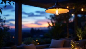 A photograph of a beautifully designed large outdoor pendant light hanging in an inviting outdoor setting