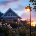 A photograph of a well-lit outdoor lamp post in a beautifully landscaped setting