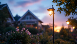 A photograph of a well-lit outdoor lamp post in a beautifully landscaped setting