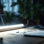 A photograph of a well-lit workspace featuring a modern pc tube light on a table