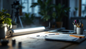A photograph of a well-lit workspace featuring a modern pc tube light on a table