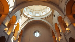 A photograph of a beautifully lit cathedral ceiling