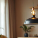 A photograph of a stylish pendant hanging light fixture in a well-designed interior setting