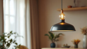 A photograph of a stylish pendant hanging light fixture in a well-designed interior setting