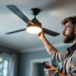 A photograph of a lighting contractor installing a stylish switch for a ceiling fan light in a modern home setting