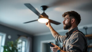 A photograph of a lighting contractor installing a stylish switch for a ceiling fan light in a modern home setting