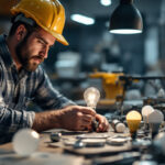 A photograph of a lighting contractor examining various types of light bulb bases in a well-lit workshop