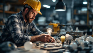 A photograph of a lighting contractor examining various types of light bulb bases in a well-lit workshop
