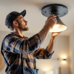 A photograph of a lighting contractor expertly installing a stylish pot light in a modern interior space