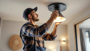 A photograph of a lighting contractor expertly installing a stylish pot light in a modern interior space