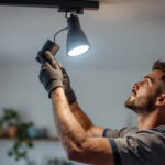 A photograph of a skilled lighting contractor expertly installing a stylish track light fixture in a modern home setting
