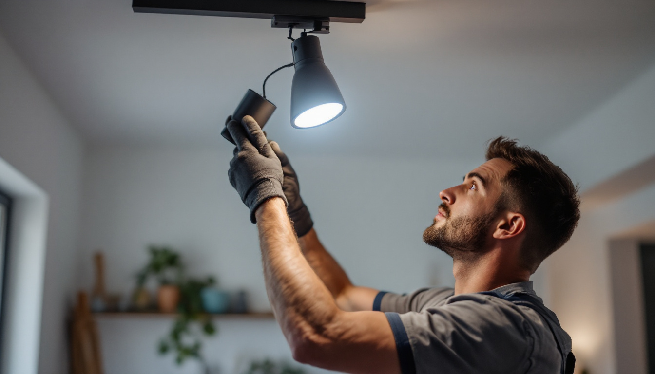 A photograph of a skilled lighting contractor expertly installing a stylish track light fixture in a modern home setting