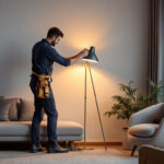 A photograph of a lighting contractor skillfully installing a stylish floor lamp in a modern living space