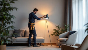 A photograph of a lighting contractor skillfully installing a stylish floor lamp in a modern living space