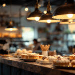 A photograph of a well-lit bakery interior showcasing elegant and functional lighting fixtures that highlight the baked goods and create an inviting atmosphere