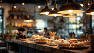 A photograph of a well-lit bakery interior showcasing elegant and functional lighting fixtures that highlight the baked goods and create an inviting atmosphere