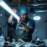 A photograph of capture a photograph of a lighting contractor measuring and installing a fluorescent bulb in a well-lit workspace