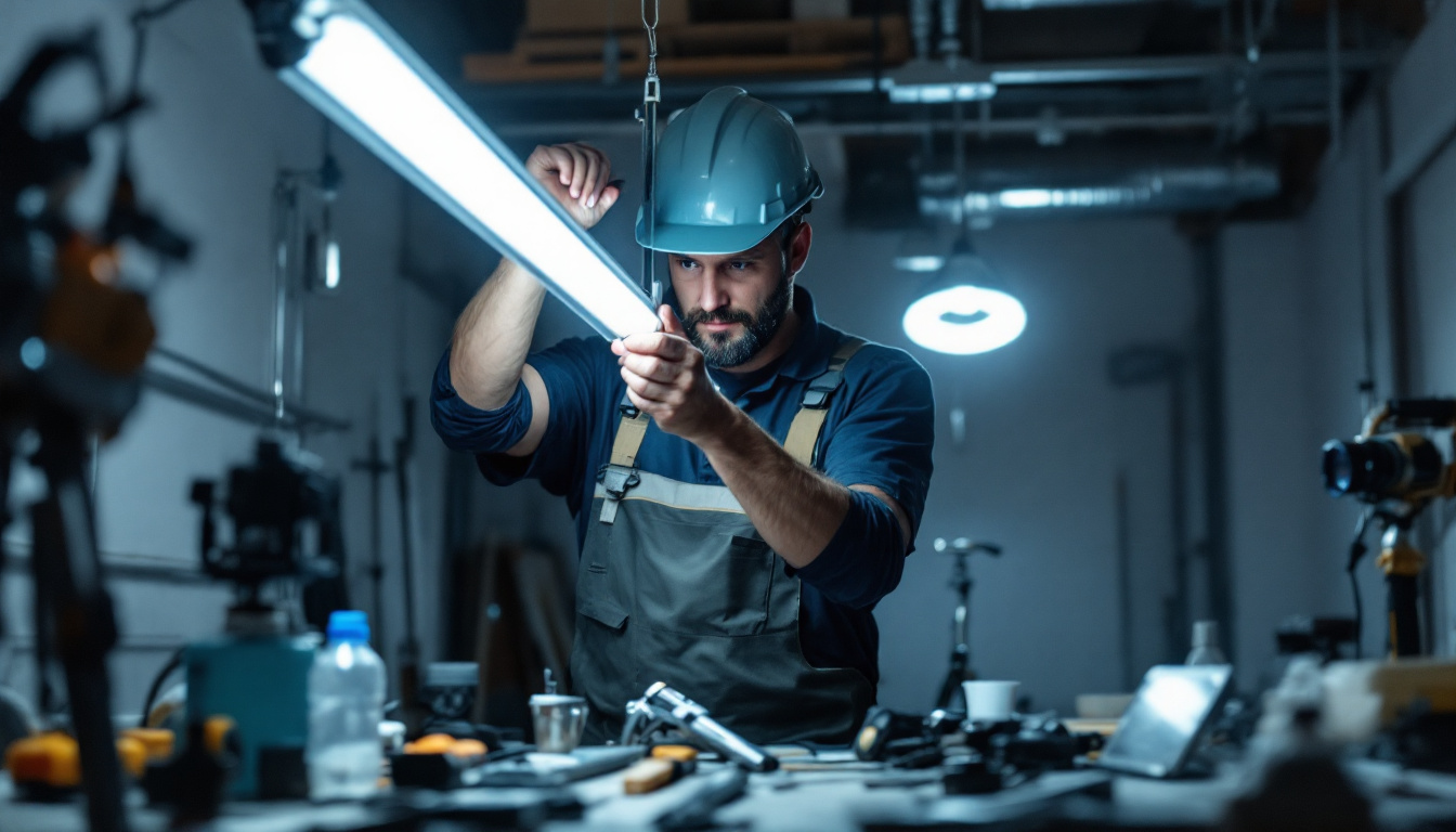 A photograph of capture a photograph of a lighting contractor measuring and installing a fluorescent bulb in a well-lit workspace