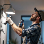 A photograph of a smart lighting contractor installing or adjusting both shunted and non-shunted lighting fixtures in a modern residential setting