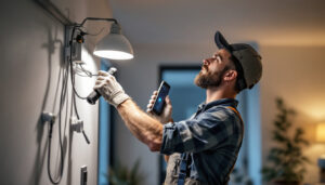 A photograph of a smart lighting contractor installing or adjusting both shunted and non-shunted lighting fixtures in a modern residential setting