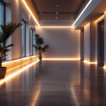 A photograph of a beautifully lit interior space showcasing led tape lights with diffusers installed along architectural features