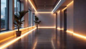 A photograph of a beautifully lit interior space showcasing led tape lights with diffusers installed along architectural features