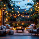 A photograph of a beautifully arranged outdoor setting featuring white hanging string lights draped elegantly over a cozy patio or garden area