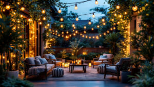 A photograph of a beautifully arranged outdoor setting featuring white hanging string lights draped elegantly over a cozy patio or garden area