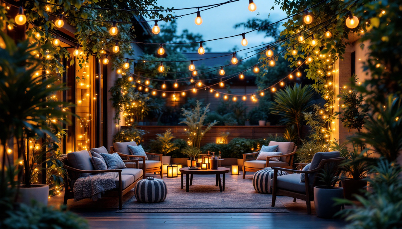 A photograph of a beautifully arranged outdoor setting featuring white hanging string lights draped elegantly over a cozy patio or garden area