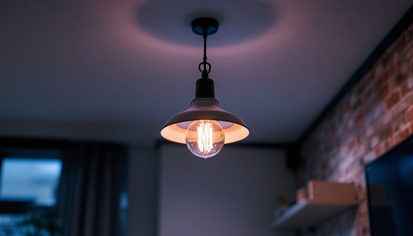 A photograph of a stylish hanging ceiling lamp in a well-lit interior setting