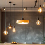 A photograph of a stylish interior space featuring a variety of cool pendant lights in different designs and settings
