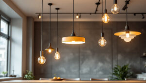 A photograph of a stylish interior space featuring a variety of cool pendant lights in different designs and settings