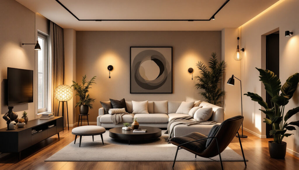 A photograph of a modern apartment interior showcasing a variety of stylish lighting fixtures
