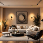 A photograph of a modern apartment interior showcasing a variety of stylish lighting fixtures