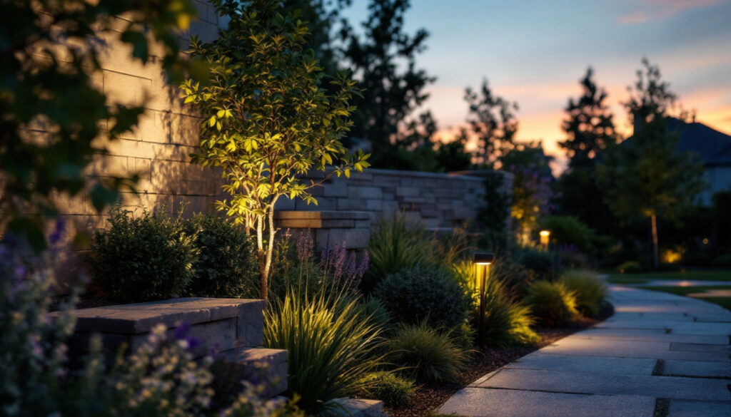 A photograph of a professional lighting contractor installing waterproof outdoor led flood lights in a landscaped area at dusk