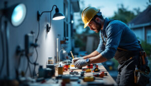 A photograph of a lighting contractor working on a residential project
