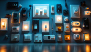 A photograph of a diverse array of light switches in a well-lit setting