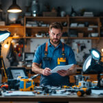A photograph of a lighting contractor evaluating various leviton products alongside alternative lighting options