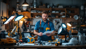 A photograph of a lighting contractor evaluating various leviton products alongside alternative lighting options