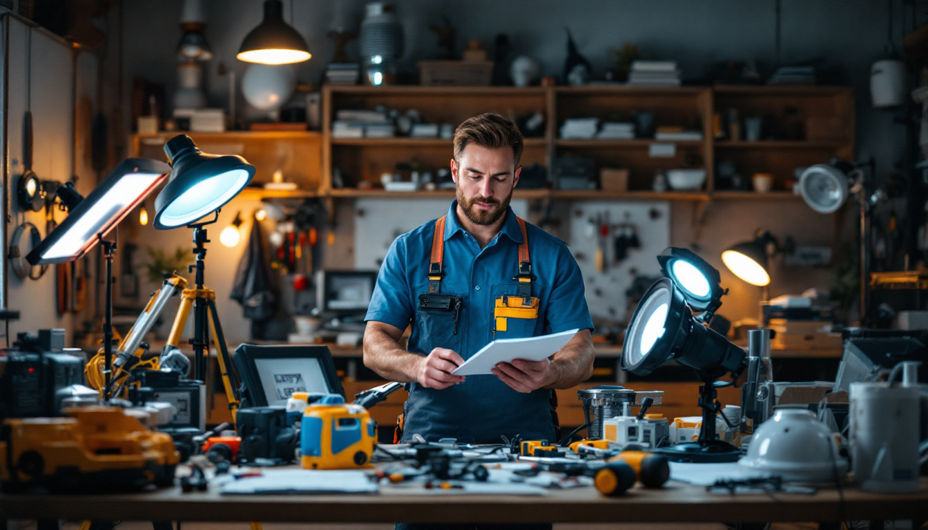 A photograph of a lighting contractor evaluating various leviton products alongside alternative lighting options