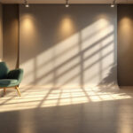 A photograph of a well-lit interior space showcasing the impact of direct lighting on various surfaces and textures