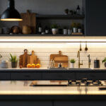 A photograph of a well-lit kitchen or workspace showcasing under-the-counter lighting illuminating countertops or work areas